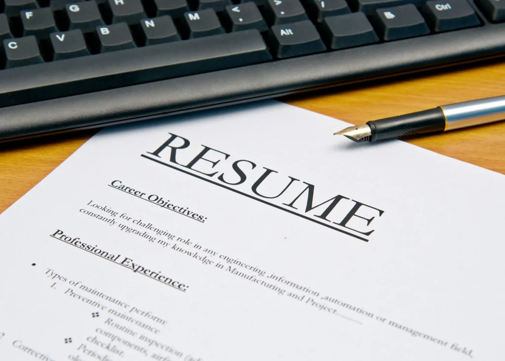 A veteran resume on the table, next to a pen and keyboard.