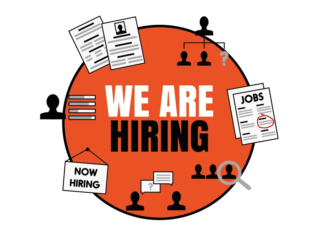 "We are hiring" circle graphic, including several hiring-related iconography.