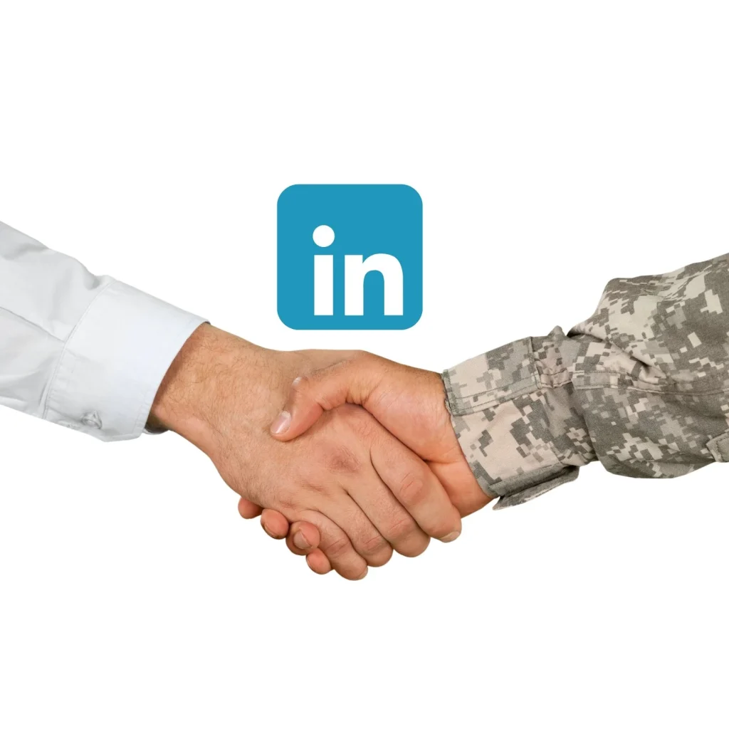 Handshake between a veteran in uniform and a civilian professional with the LinkedIn logo above.