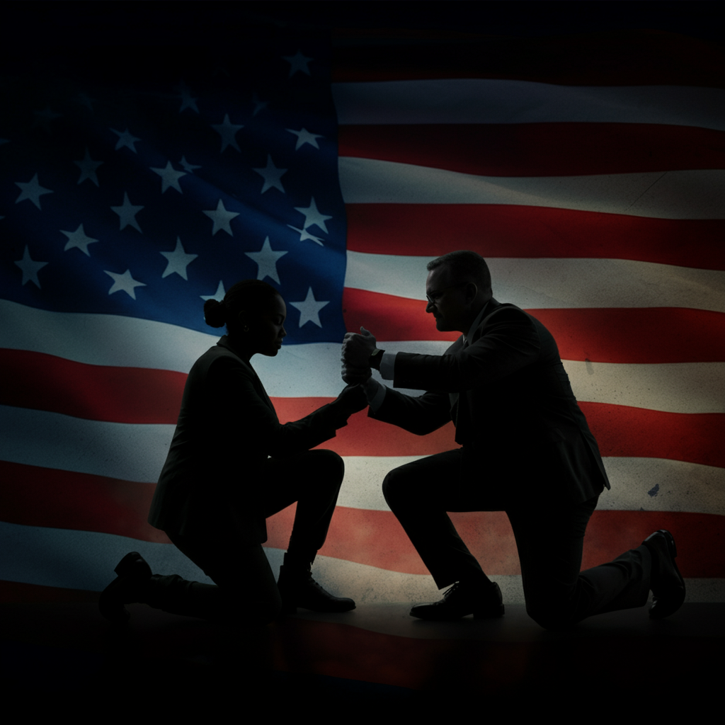 Two individuals kneel by the American flag, embodying SSV's dedication to aiding federal and private sector veterans and spouses.