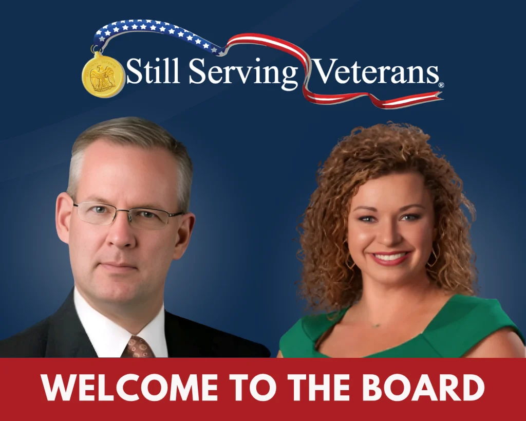 Banner announcing the addition of two new members to the Still Serving Veterans Board of Directors: Kristen Strickland and Brian Clark