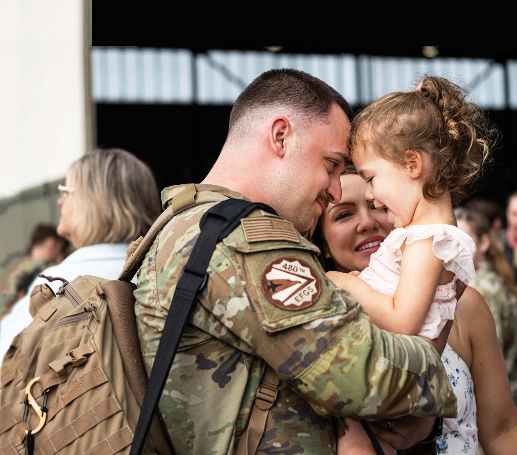 U.S. Air Force Tech. Sgt. Donald Matts, 480th Fighter Generation Squadron noncommissioned officer in charge of engines, embraces his loved ones during a redeployment at Spangdahlem Air Base, Germany, July 23, 2025. The 480th FGS deployed to the U.S. Central Command area of responsibility to demonstrate the United States’ commitment to peace through strength by partnering with allies, reinforcing deterrence, and enhancing regional capabilities.