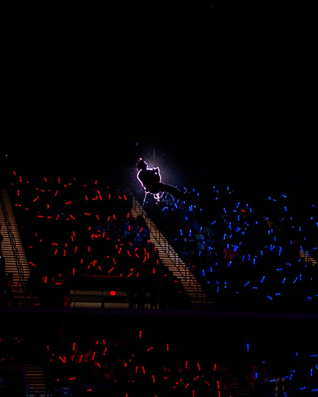 Performer suspended above the ice during a Huntsville Havoc game with red and blue crowd lights.